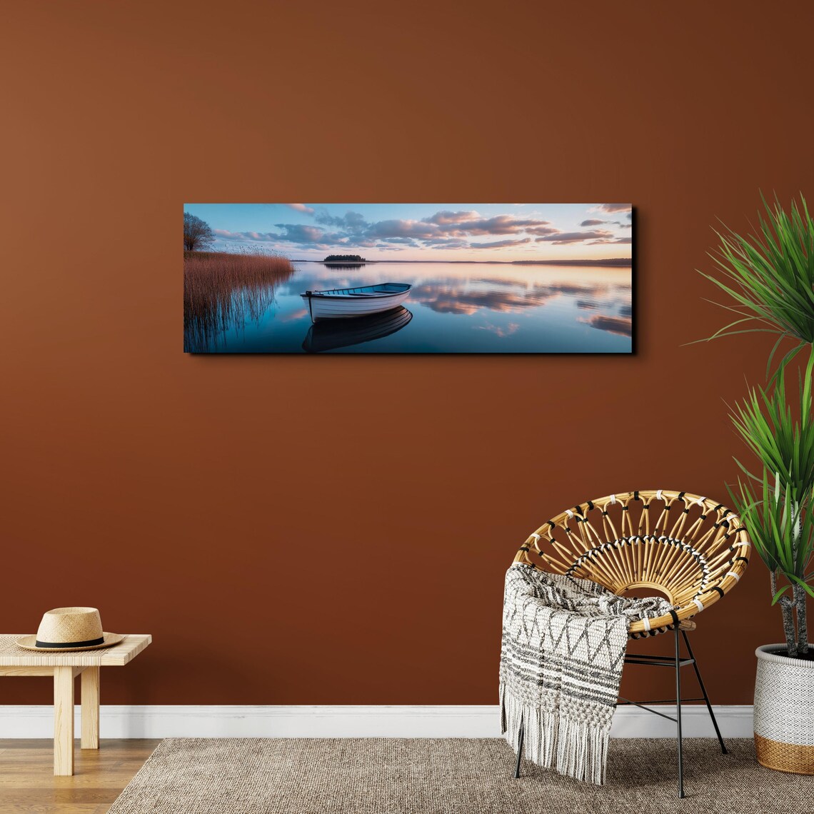 Wooden Rowboat Floating on a Glassy Sunset Lake in Panoramic View Poster - Image 5