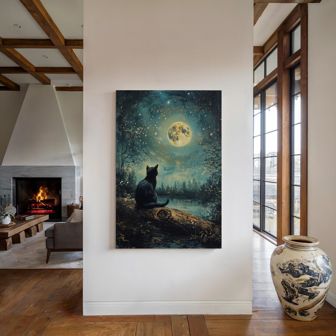 Black Cat Under Moonlight Mystical Night Scene Art Print - Image 4