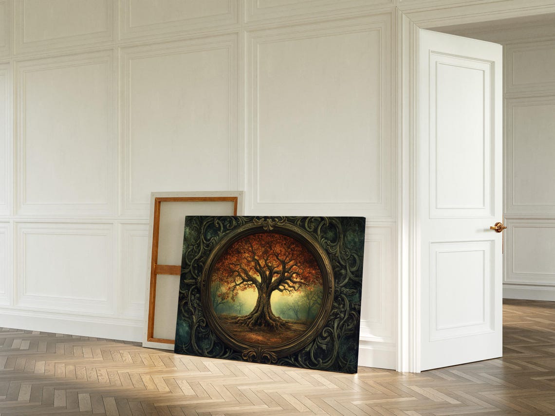 Vintage Tree of Life Autumn Foliage in Ornate Scroll Frame Art Poster - Image 2