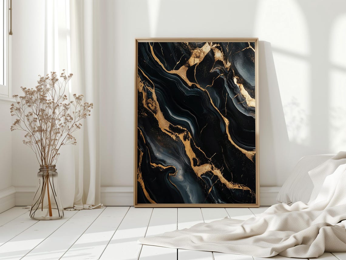 Luxury Black and Gold Marble Abstract Art Print with Vein Texture