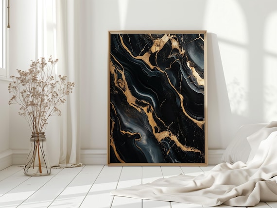 Luxury Black and Gold Marble Abstract Art Print with Vein Texture