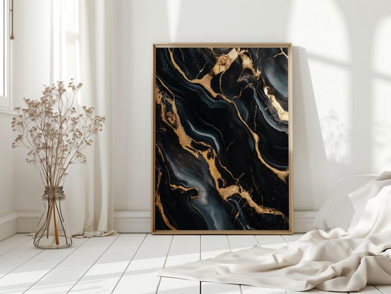 Luxury Black And Gold Marble Canvas Wall Art Modern Abstract Fluid Texture Print For Glam Bedroom Office Or Upscale Living Room