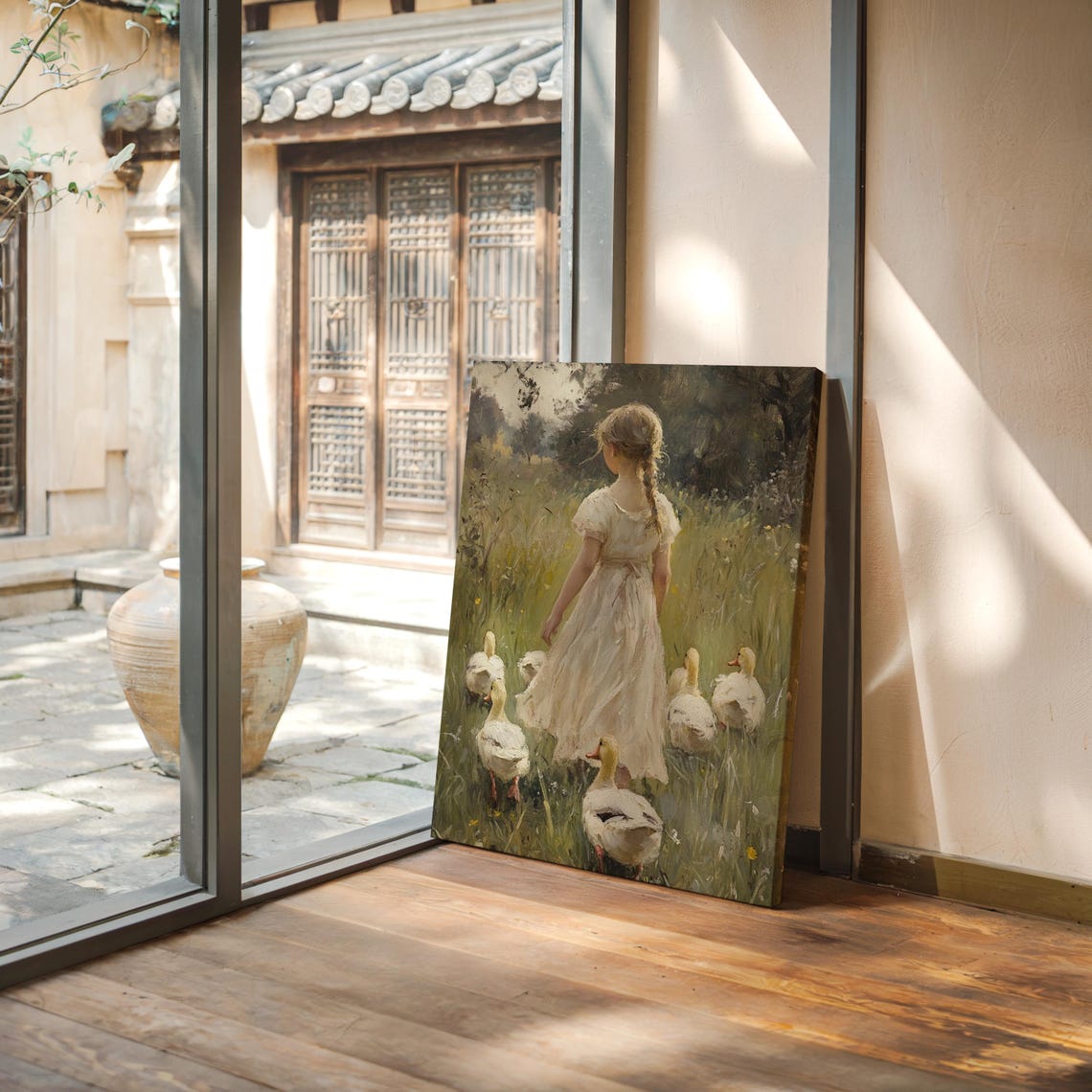 Young Girl With White Ducks Sunlit Meadow Pastoral Vintage Poster - Image 5
