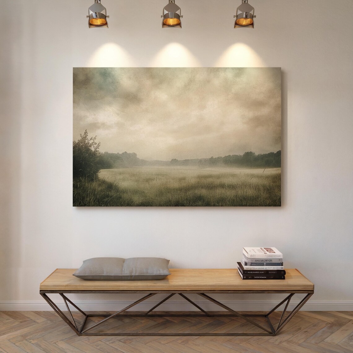 Serene Foggy Meadow Rustic Landscape Art Print - Image 3