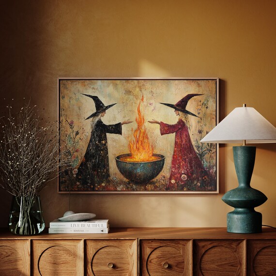 Witch Sisters Casting Fire Spell Mystical Halloween Cauldron Poster