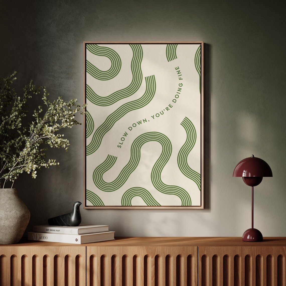 Slow Down You're Doing Fine Green Retro Wavy Line Quote Poster - Image 4