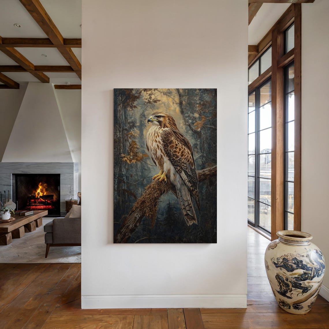 Hawk Perched on Branch in Misty Autumn Forest Wildlife Art Poster - Image 5