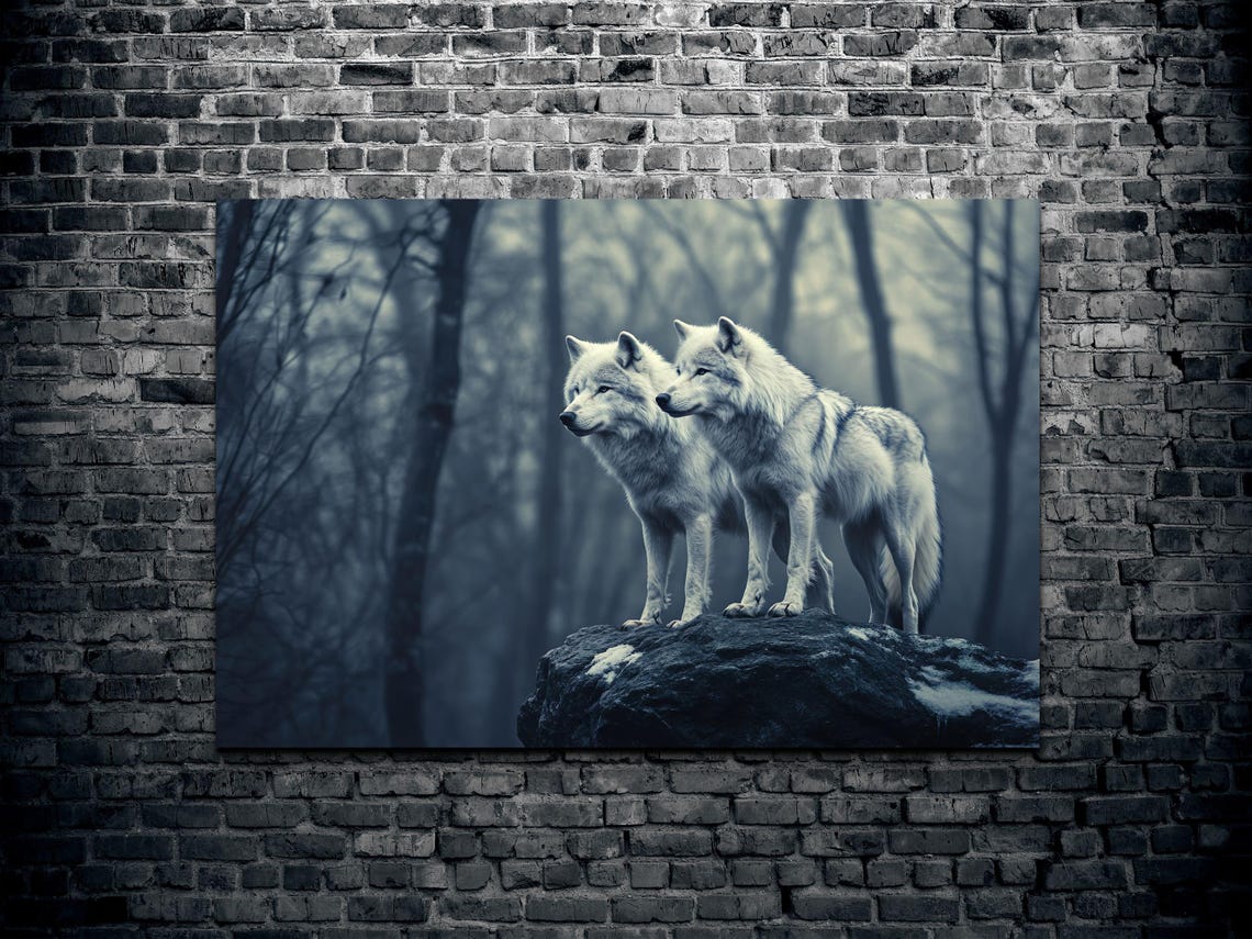 Two White Wolves Standing on Rock in Misty Blue Forest Poster - Image 2