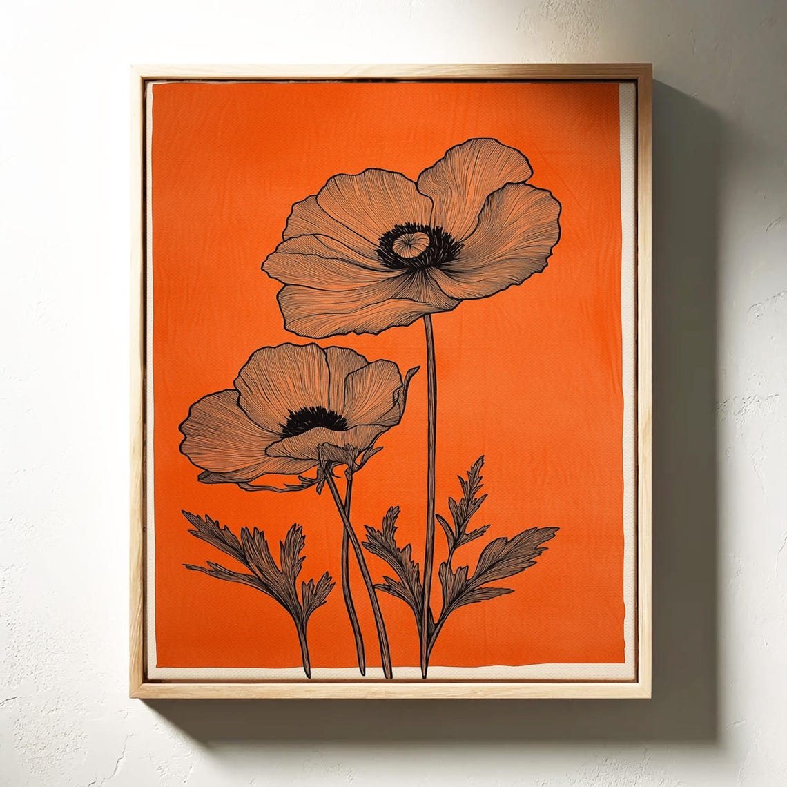 Black Poppy Flower Line Art On Burnt Orange Botanical Poster