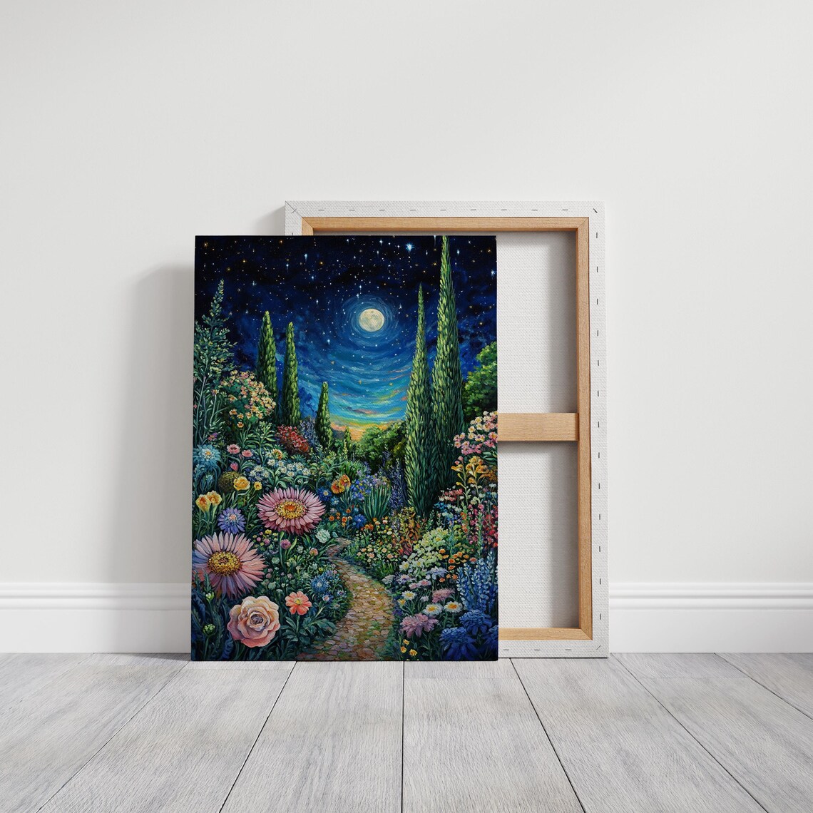 Moonlit Floral Garden Path, Starry Night Landscape - Image 3