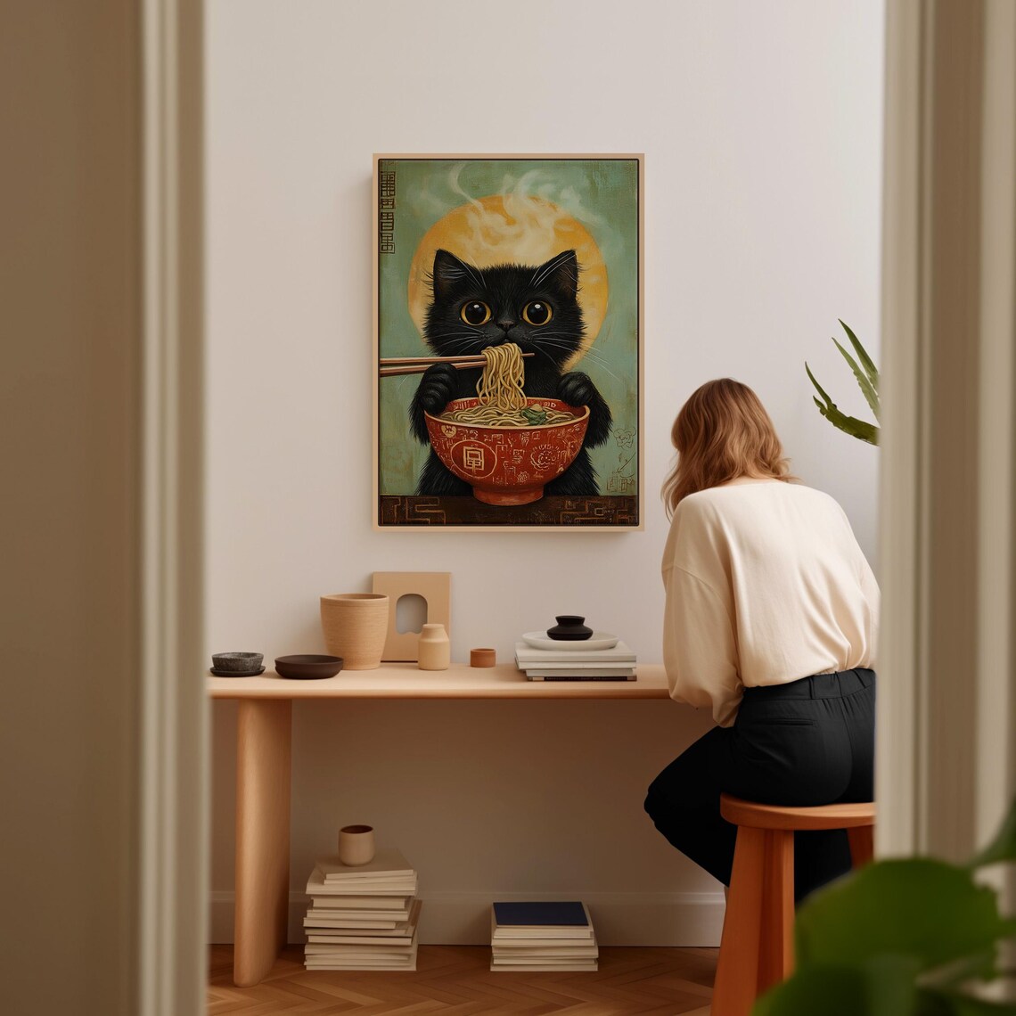 Black Cat Enjoying Ramen, Whimsical Kitchen Decor - Image 5