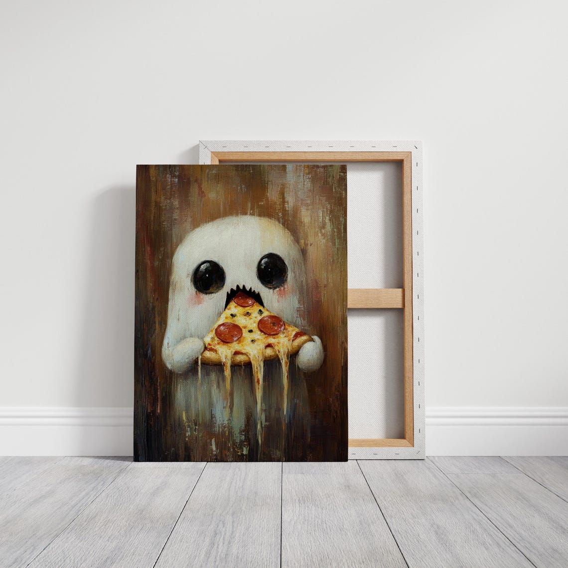 Cute Ghost Eating Pepperoni Pizza Funny Halloween Art Poster - Image 6