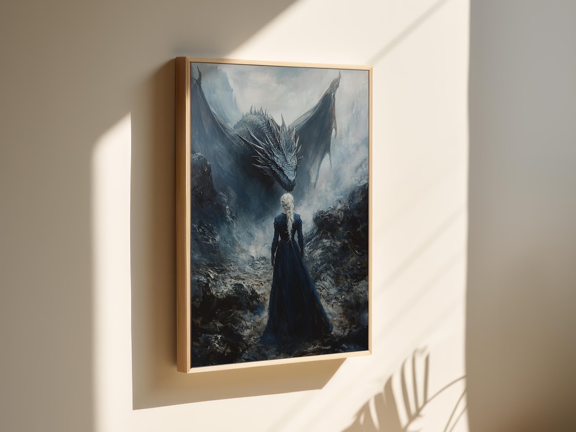 Woman Confronting Dragon, Fantasy Mountain Poster