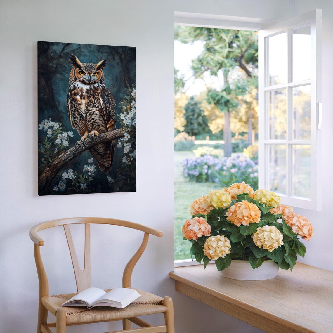 Great Horned Owl With White Flowers Wildlife Nocturnal Painting Poster - Image 7