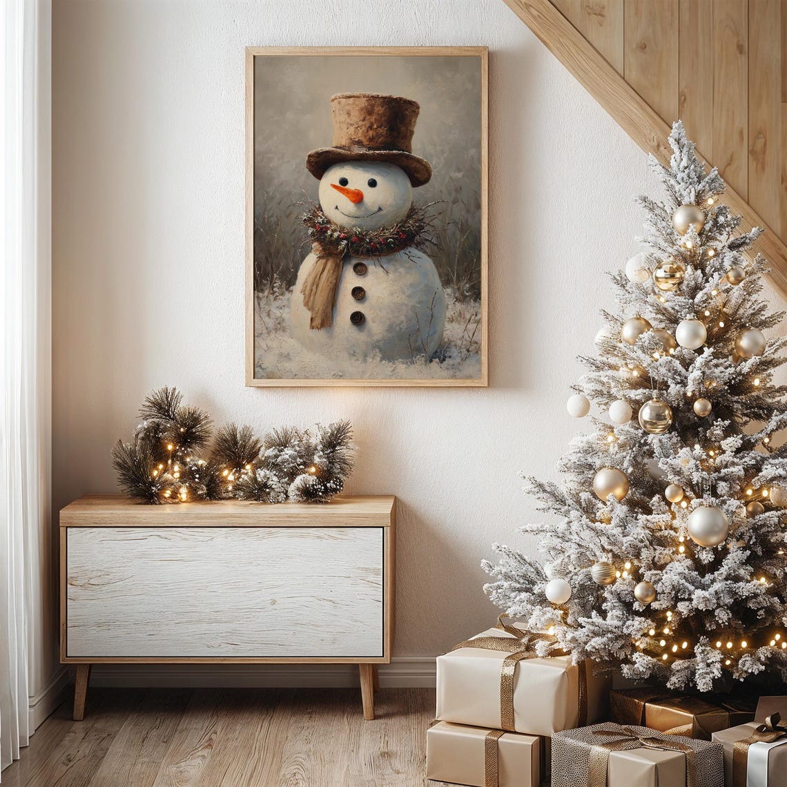 Rustic Snowman With Brown Top Hat and Wreath Scarf Winter Poster