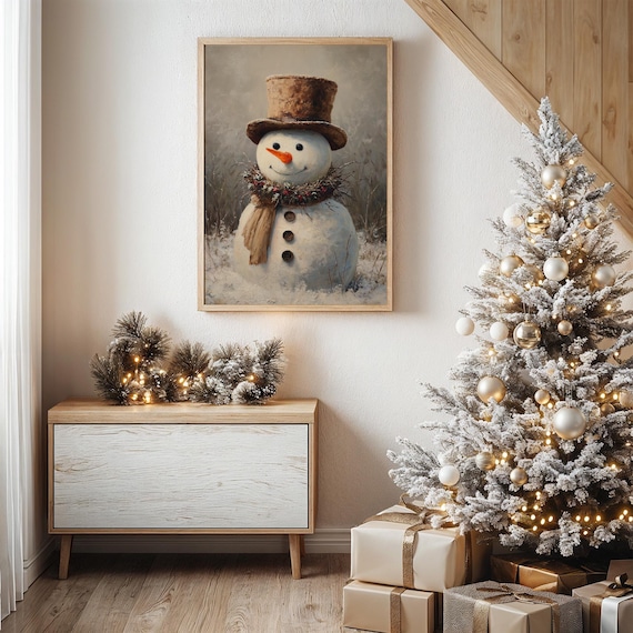 Rustic Snowman With Brown Top Hat and Wreath Scarf Winter Poster