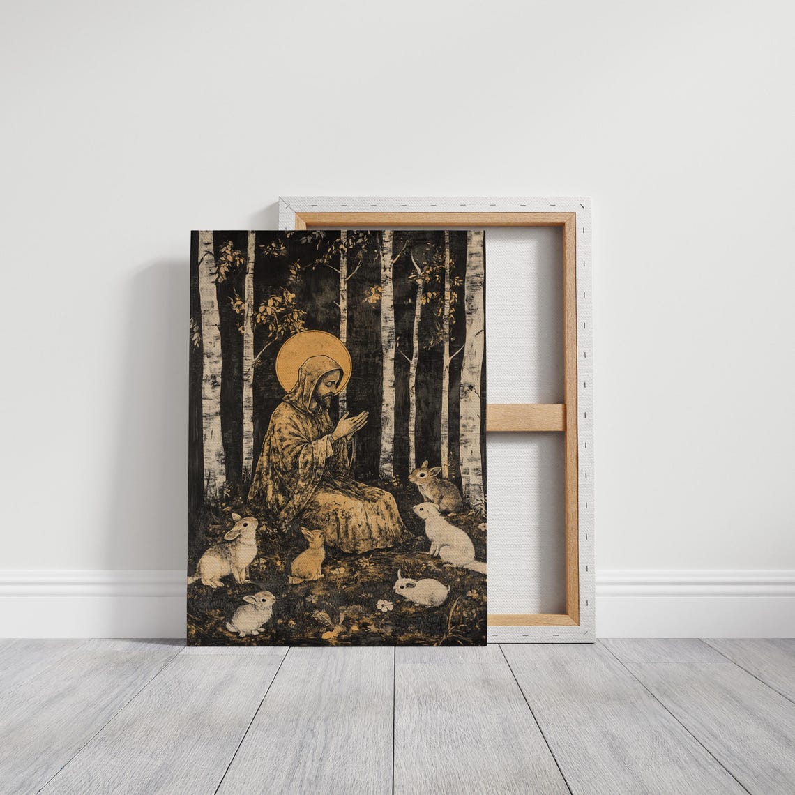 Woodland Monk Praying Among Rabbits In Golden Birch Forest Wall Art - Image 6