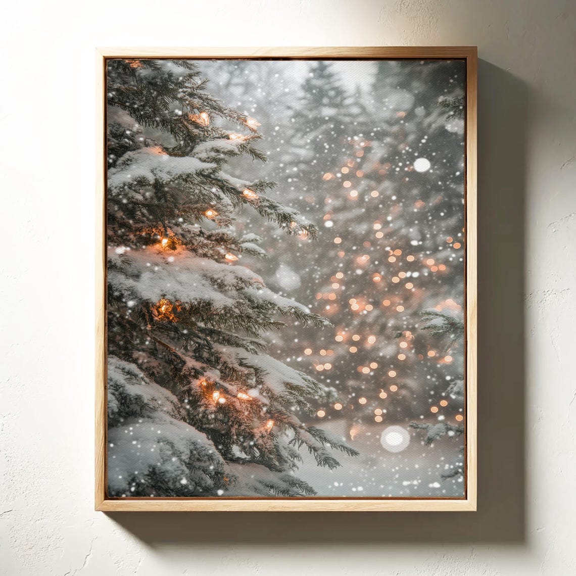 Snow Covered Pine Branches With Warm String Lights At Dusk Poster - Image 6