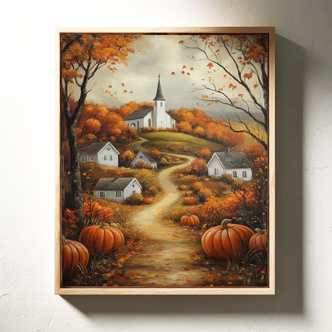 Autumn Village With White Church Winding Path And Pumpkins Wall Art - Image 7