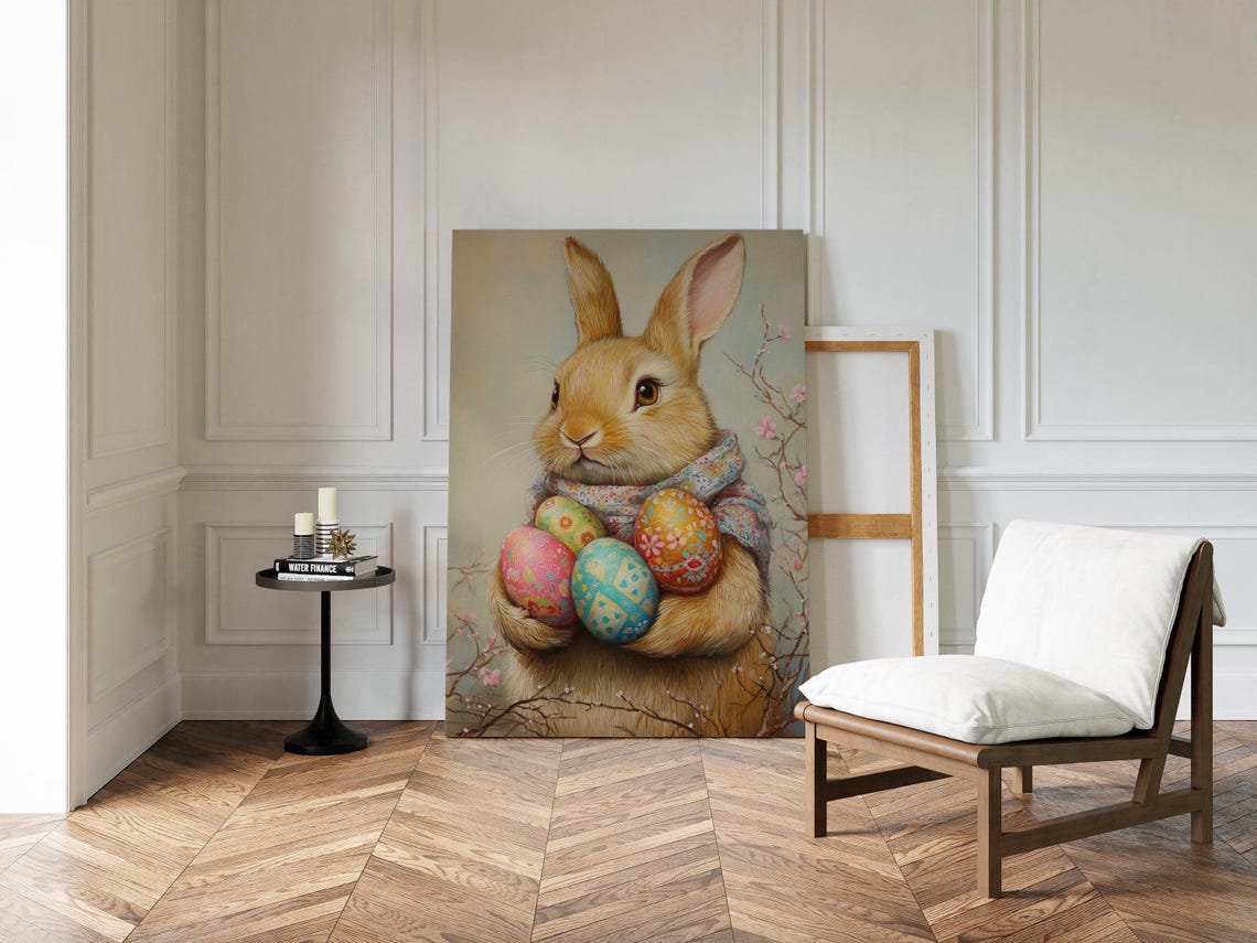 Golden Bunny Holding Painted Easter Eggs With Cherry Blossoms Wall Art - Image 4