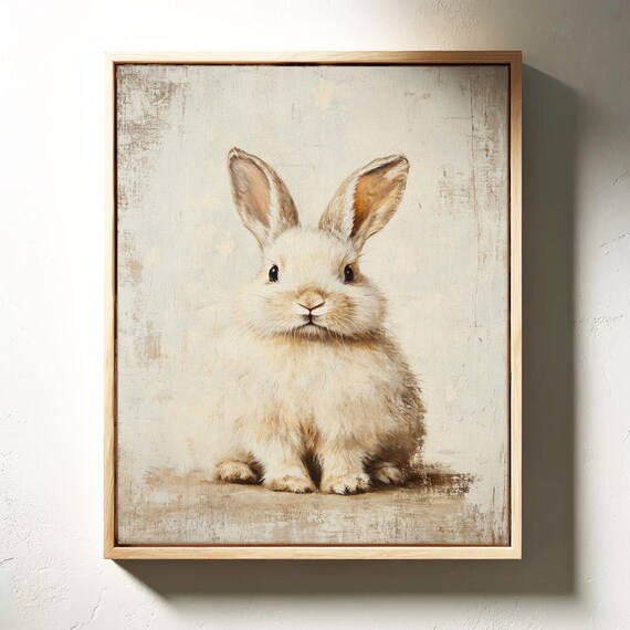 White Rabbit Portrait Distressed Vintage Animal Nursery Poster