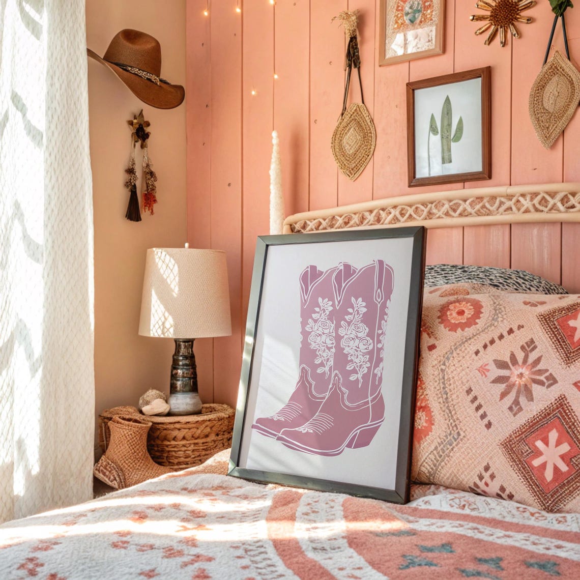 Pink Cowboy Boots With Floral Rose Line Art Western Decor Wall Poster