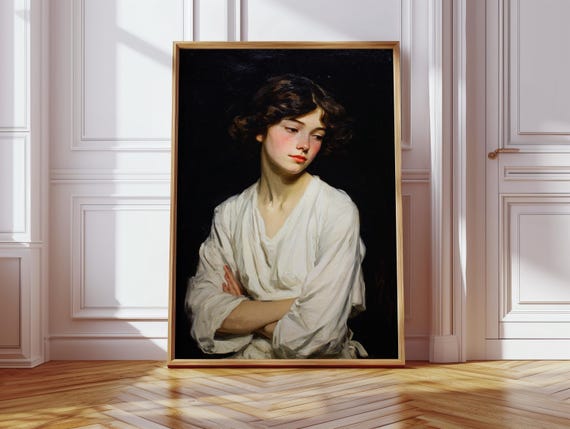 Pensive Woman In White Robe Vintage Oil Painting Portrait On Black Background Classic Feminine Canvas Wall Art Moody Romantic Decor