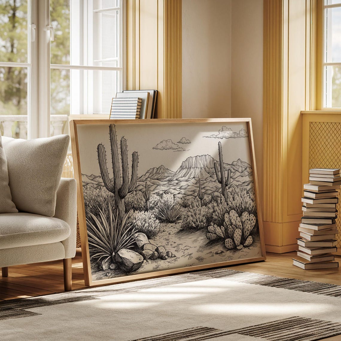 Monochrome Desert Cactus Ink Sketch Southwest Landscape Wall Poster - Image 5