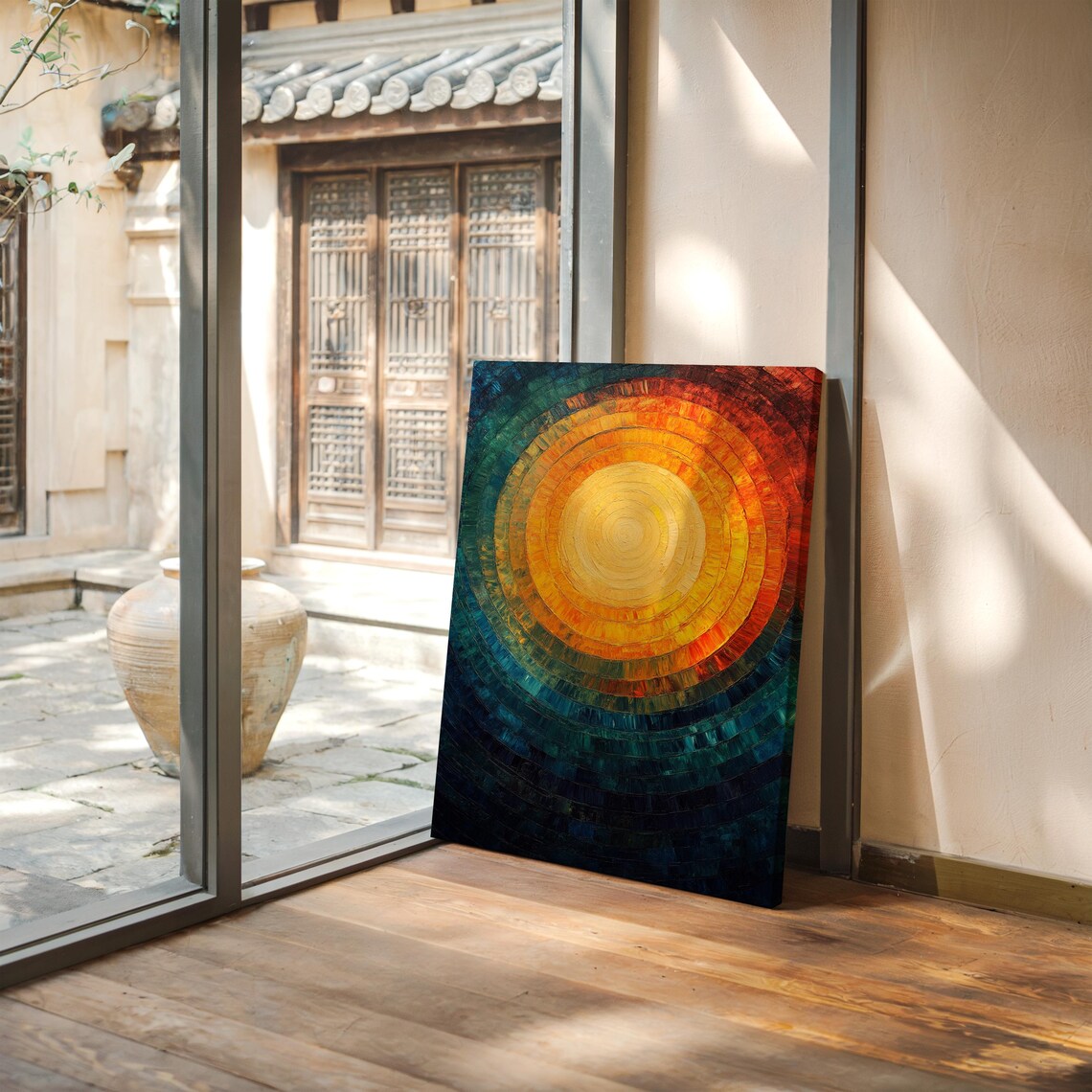 Vibrant Abstract Sun Golden Center Teal Rings Modern Art Poster - Image 3