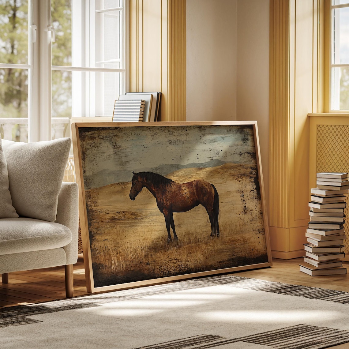 Distressed Vintage Painting of a Wild Horse on the Ranch Poster - Image 2