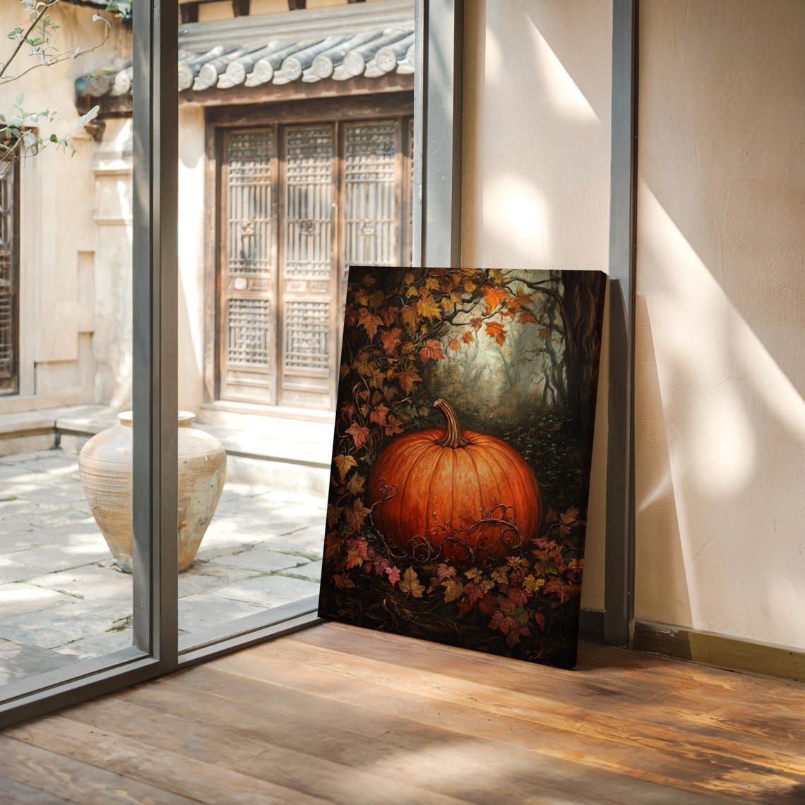 Orange Pumpkin In Dark Autumn Forest Fall Foliage Rustic Wall Art - Image 4