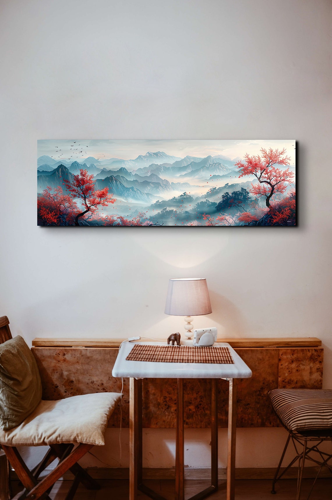 Red Leaf Trees in a Misty Blue Asian Mountain Landscape Poster - Image 5