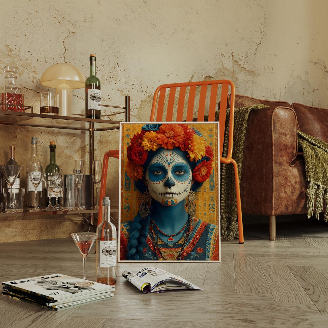 Blue Catrina Sugar Skull Portrait with Golden Marigold Crown Poster