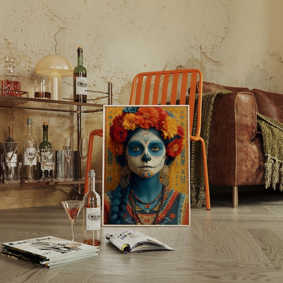 Blue Catrina Sugar Skull Portrait with Golden Marigold Crown Poster