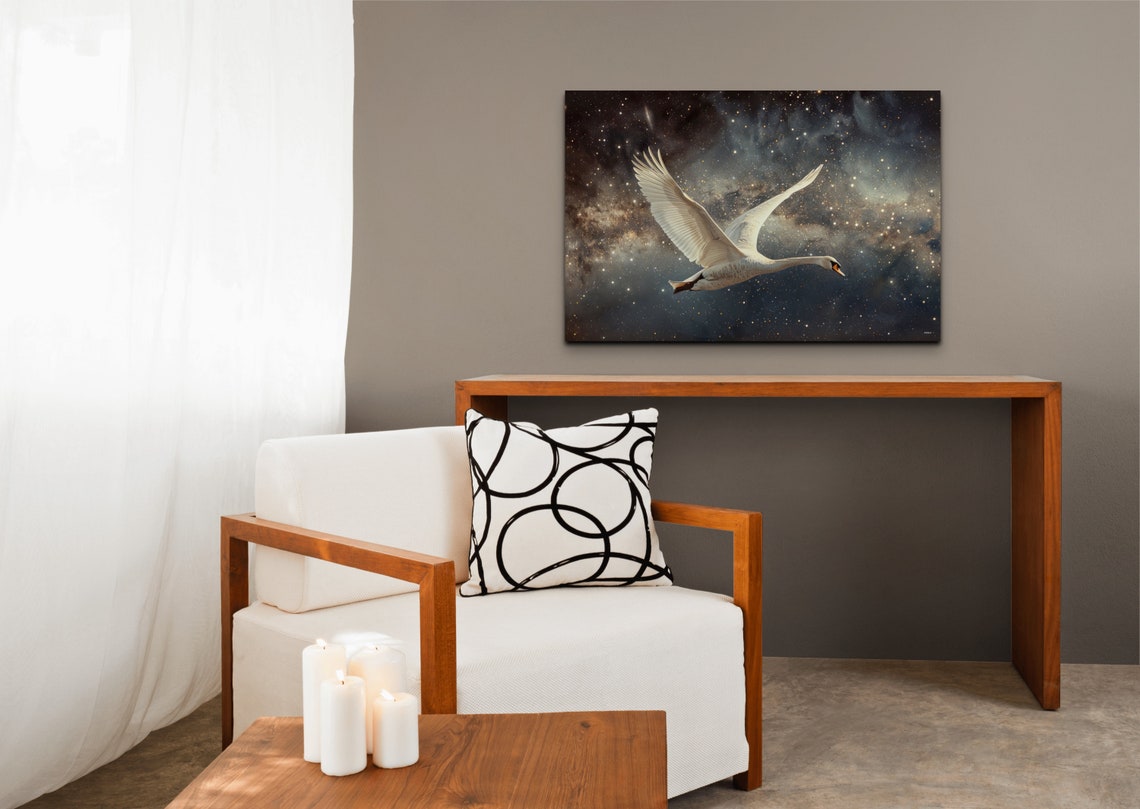 Swan Gliding Through Starry Cosmos Nebula Dreamlike Bird Wall Art - Image 4