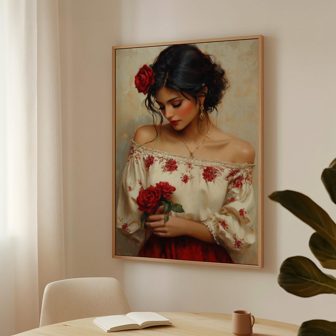 Elegant Mexican Beauty In Embroidered Blouse With Red Roses Poster