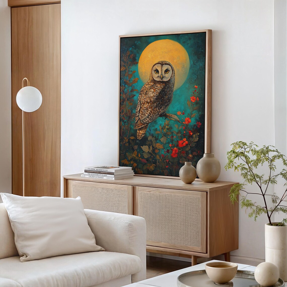 Bohemian Barn Owl Golden Full Moon Teal Red Flowers Woodland Poster - Image 4