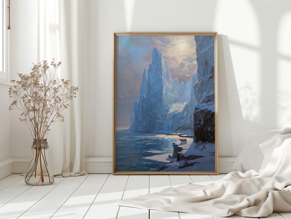 Polar Bear and Canoes Among Majestic Arctic Ice Cliffs Vintage Poster