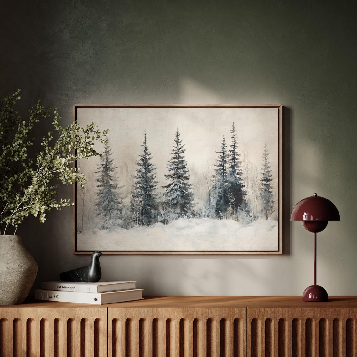 Serene Snowy Pine Forest Mist Winter Watercolor Landscape Poster - Image 6