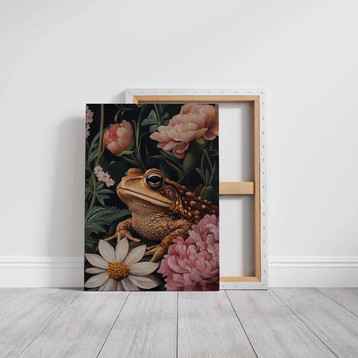 Whimsical Vintage Toad Among Pink Peonies Dark Botanical Poster - Image 3