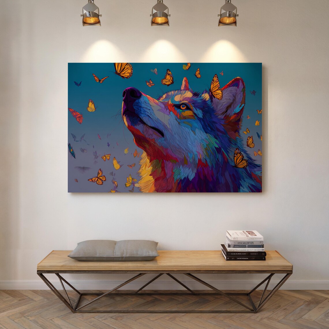 Wolf And Monarch Butterflies, Boho Nature Art Print