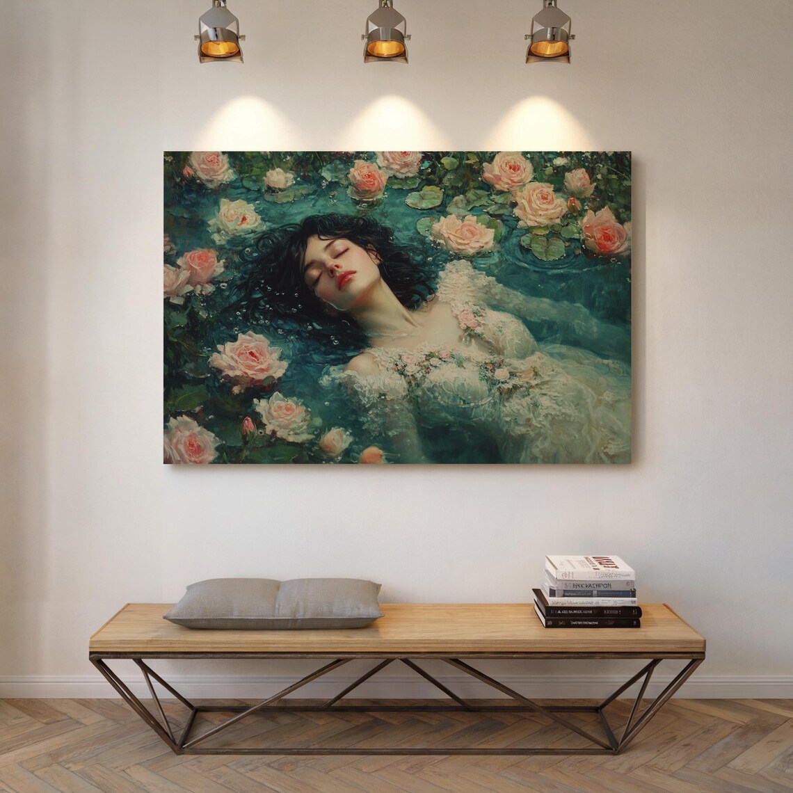 Floating Woman with Roses Dreamy Teal Floral Vintage Art Print - Image 7