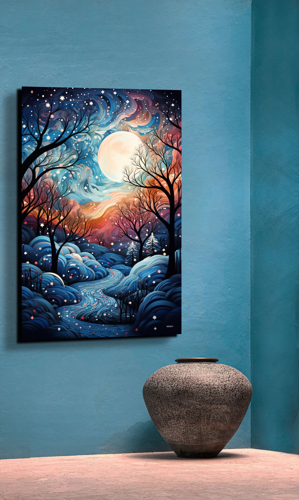 Starry Winter Night Full Moon Snowy Hills Whimsical Art Poster - Image 6