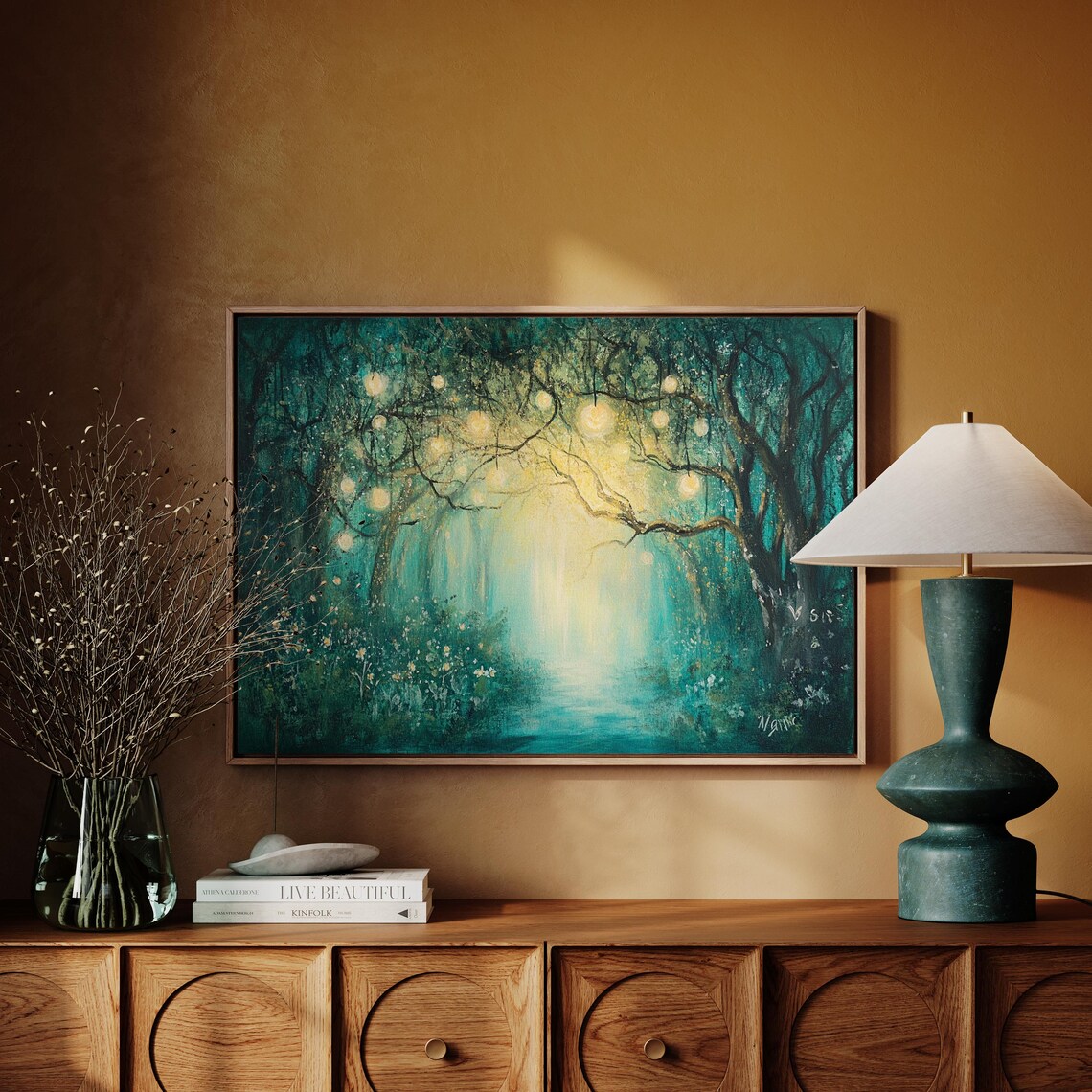 Whimsical Forest Path With Hanging Lights, Art Print - Image 4