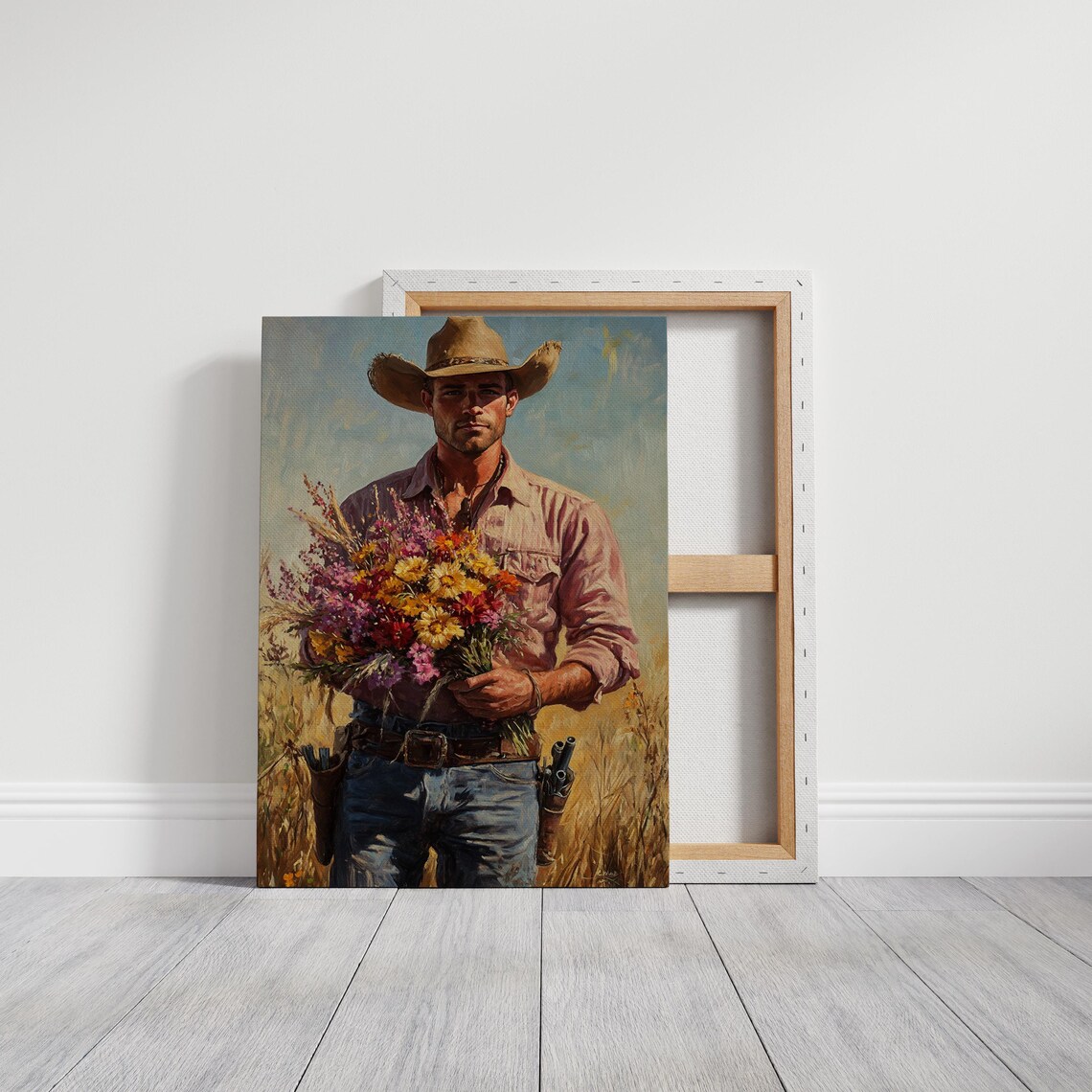 Rugged Cowboy Holding A Bouquet Of Wildflowers Oil Painting Poster - Image 2