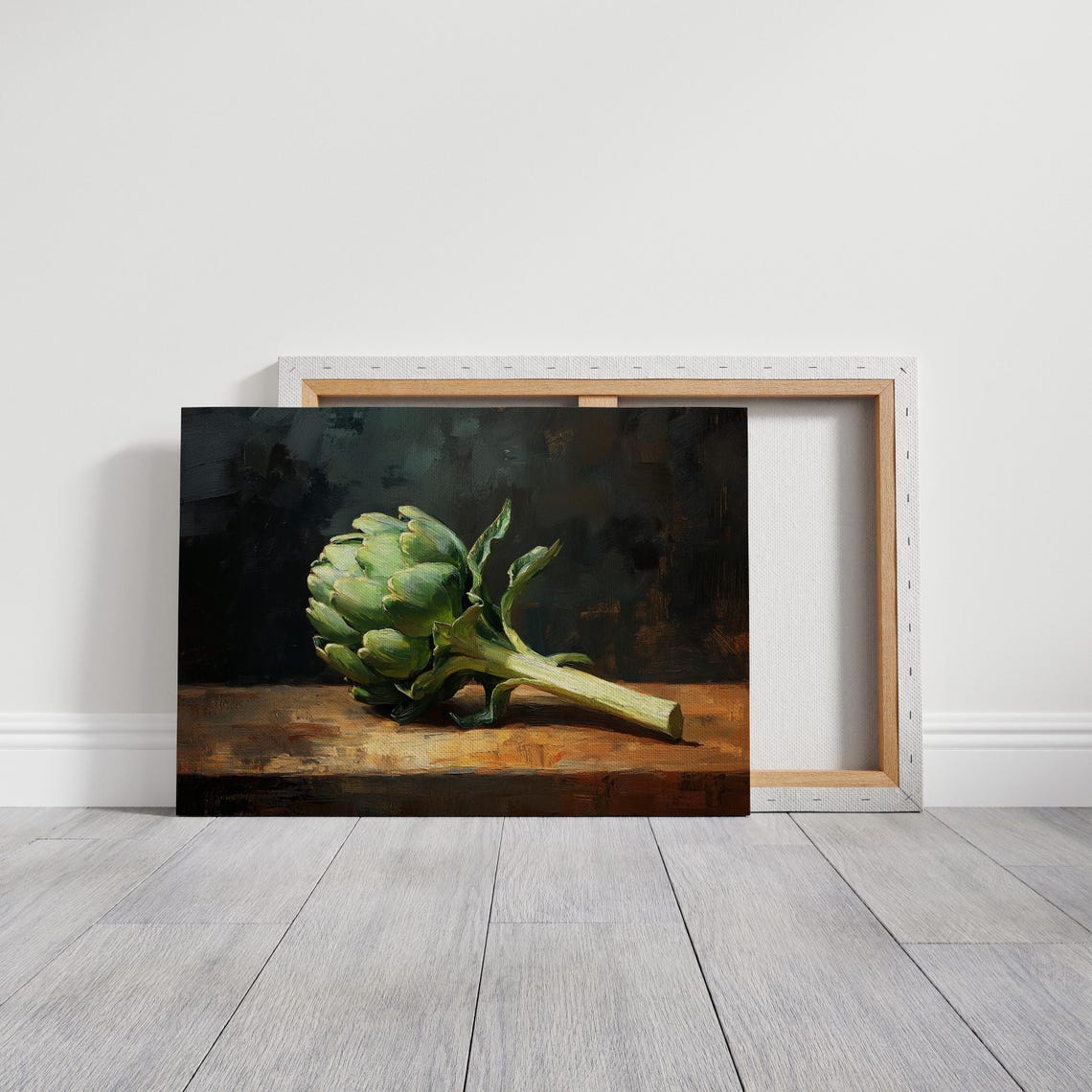 Green Artichoke Still Life Oil Painting on Dark Wood Table Poster - Image 4