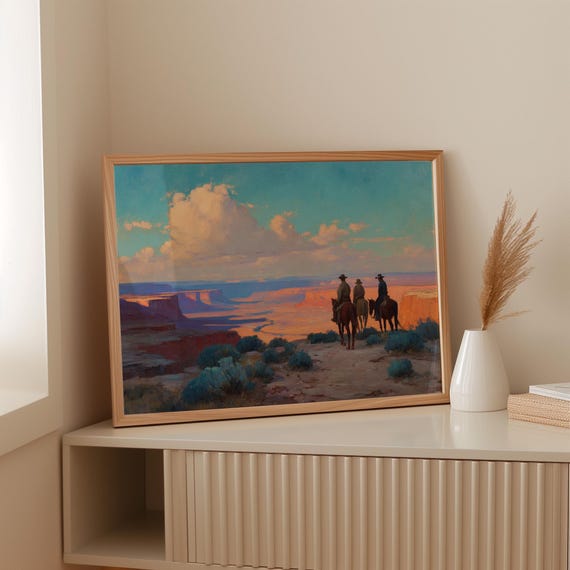 Western Cowboys On Horseback Overlooking Canyon Vintage Oil Painting Of Sunset Desert Landscape With Dramatic Clouds And Blue Sage