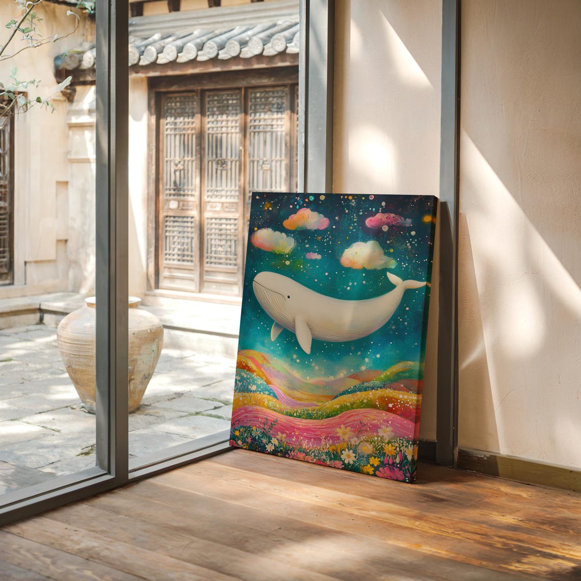White Whale Soaring Above Rainbow Flower Hills Starry Sky Poster - Image 6