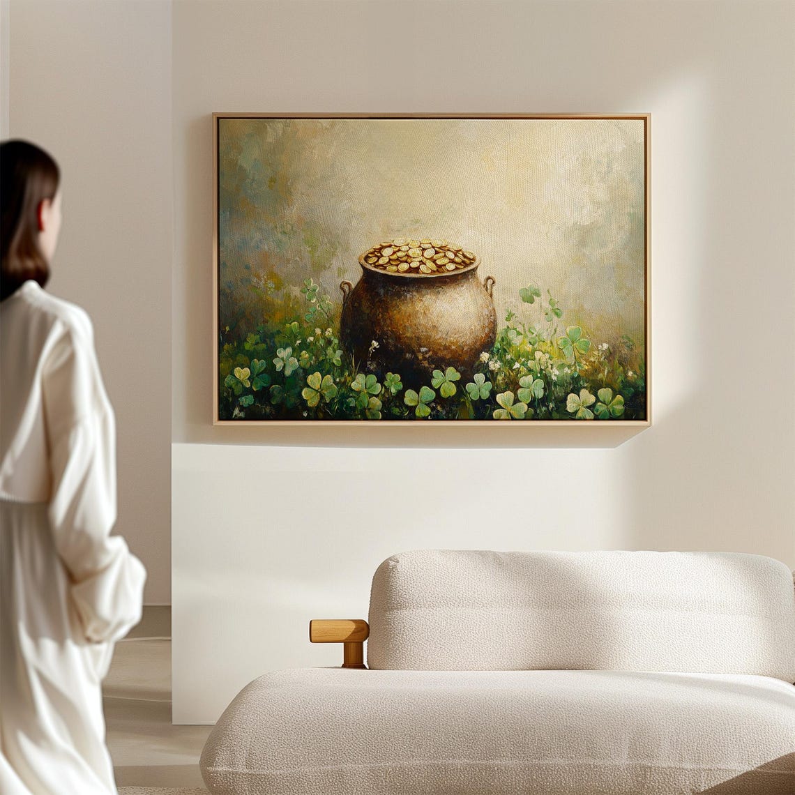 Golden Pot of Coins in Clover Field Impressionist Painting Wall Art - Image 3