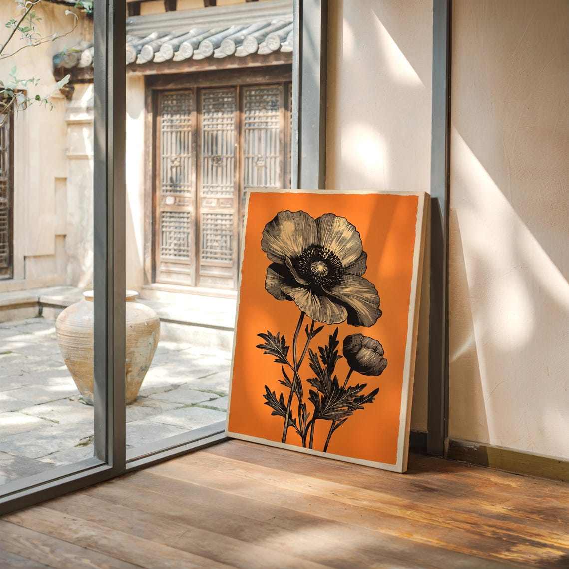 Orange Poppy Flower Illustration Bold Modern Botanical Wall Art